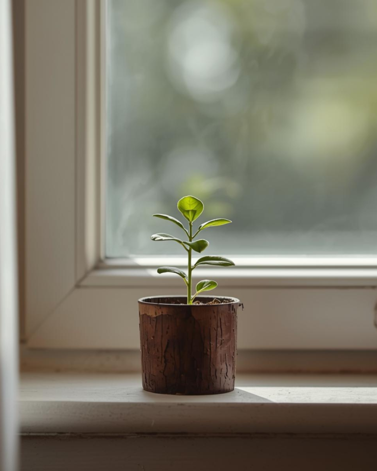 A small plant growing near a window, symbolizing the power of small daily habits.