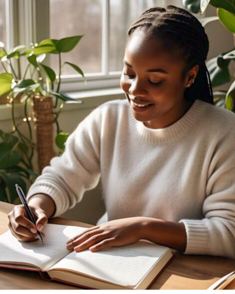 A woman journaling with smile on her face signifying the power of journaling For personal growth