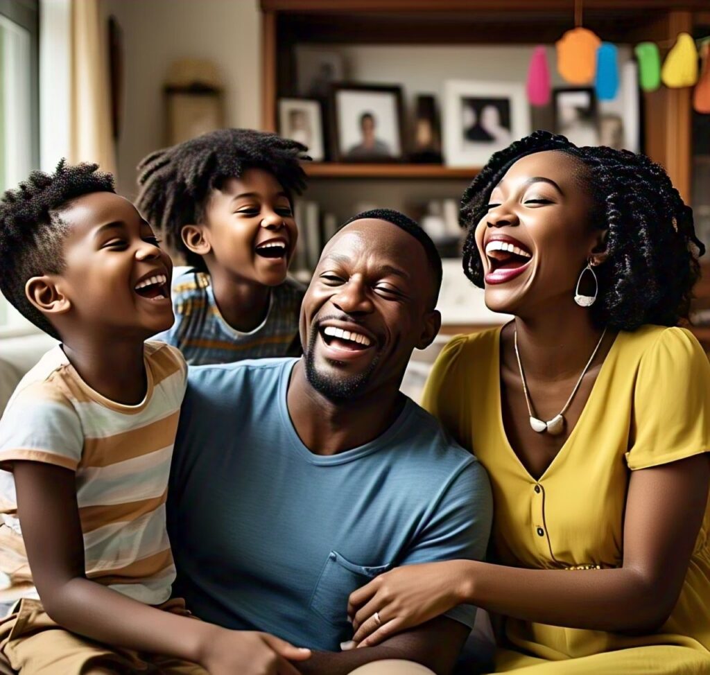 A family of dad, mum and children laughing together