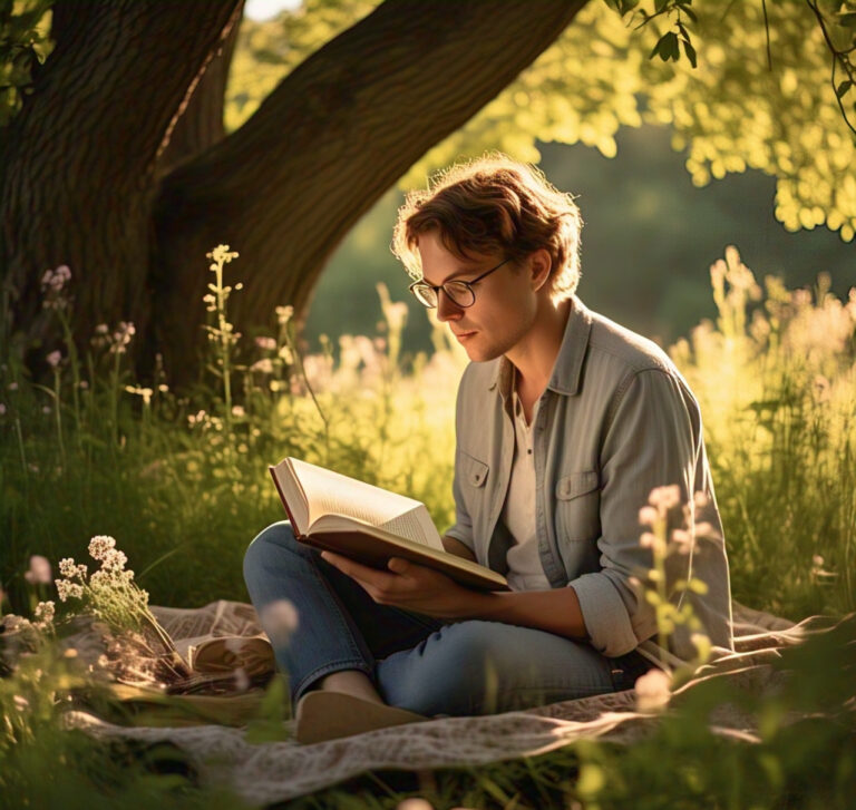 A man reading in nature