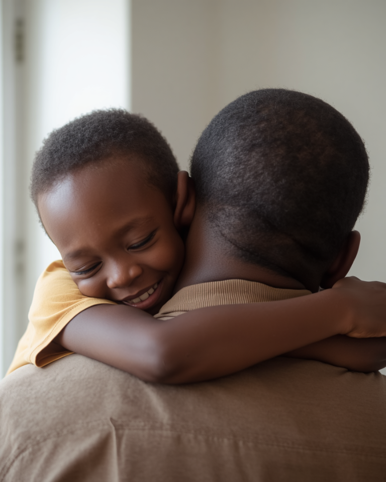 Grateful child hugging his father tightly, smiling, illustrating how to raise grateful children