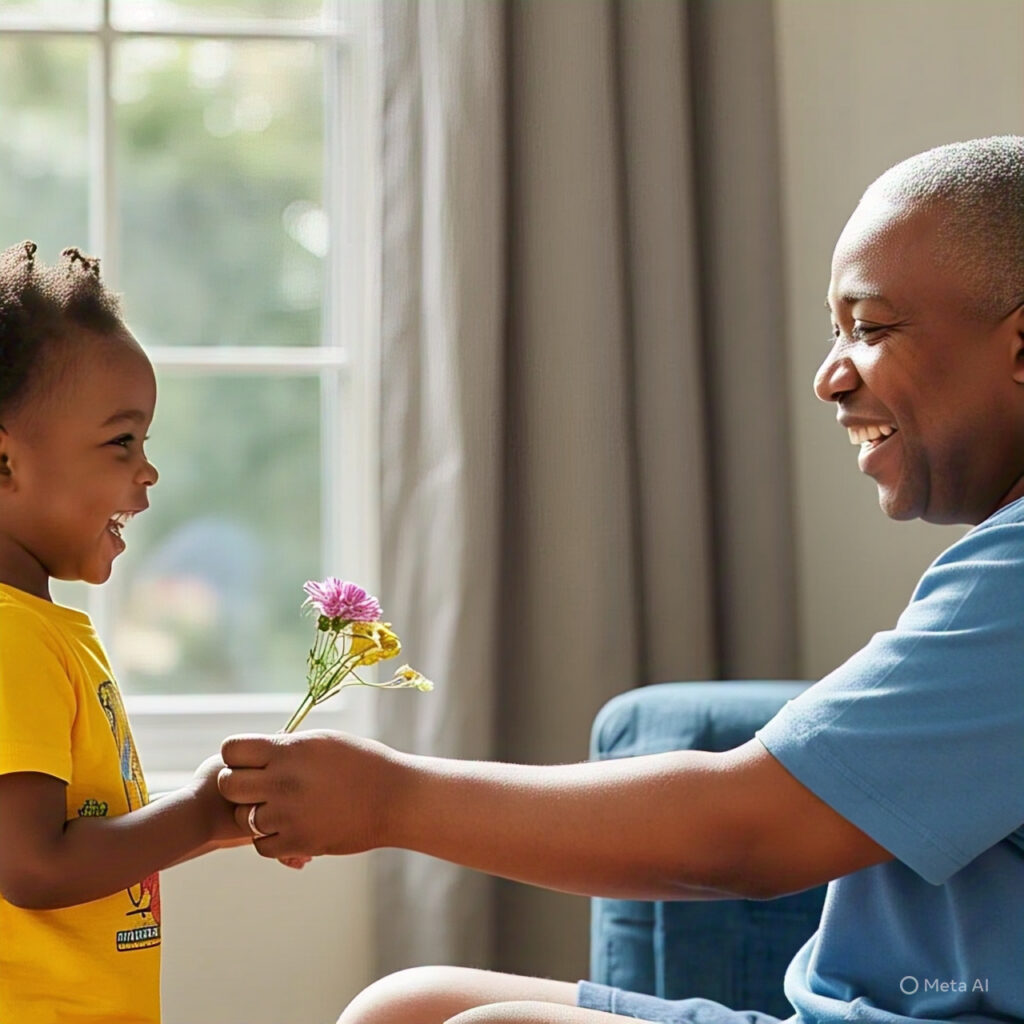 child giving flower to his dad