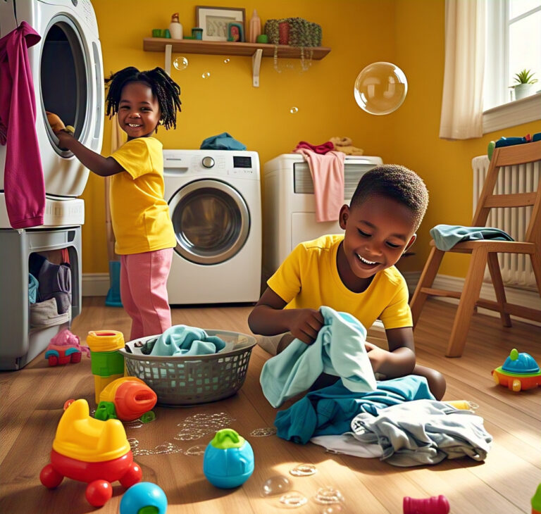 Two happy kids doing laundry together, showing teamwork and nurturing growth at home