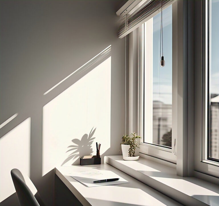 Sunlit desk space symbolizing calm and growth through stress and anxiety.