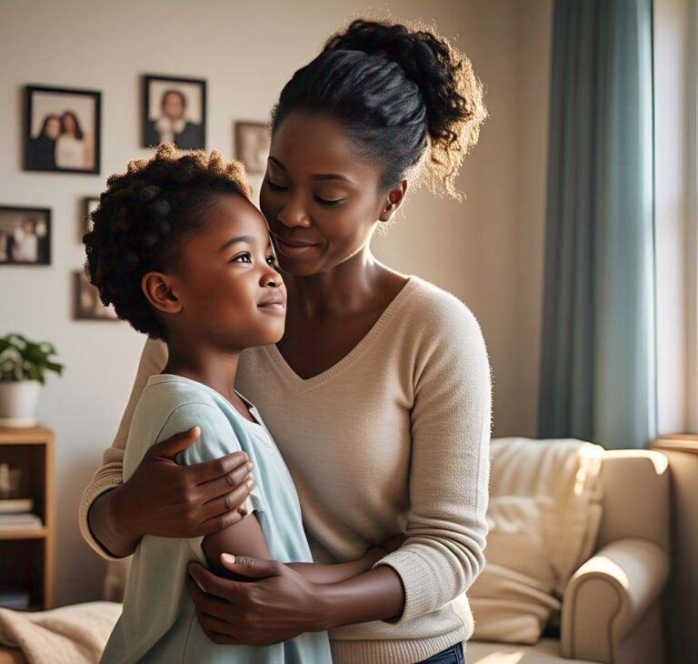 Mother gently hugging daughter, symbolizing healing from childhood wounds and emotional safety.