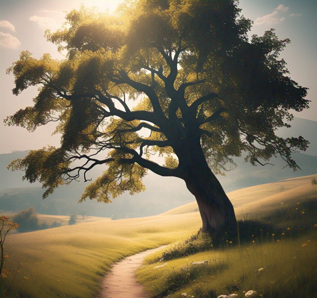 A strong tree bends in the wind beside a winding path, symbolising resilience and the journey of self-growth