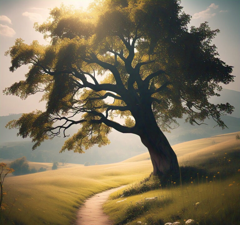 A strong tree bends in the wind beside a winding path, symbolising resilience and the journey of self-growth