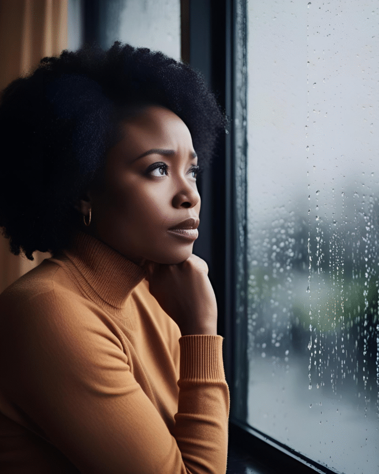 A woman looking out a rainy window, reflecting on the message hidden in her emotions.