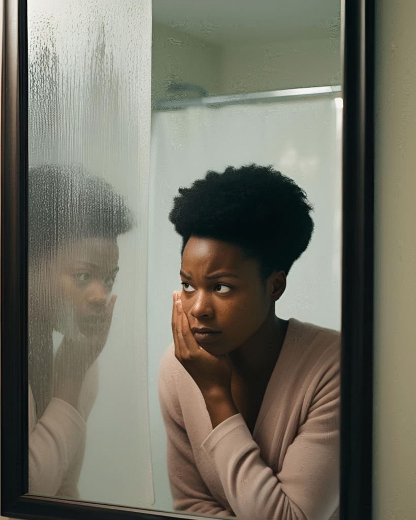Woman in front of a foggy mirror, reflecting a moment of emotional awareness.