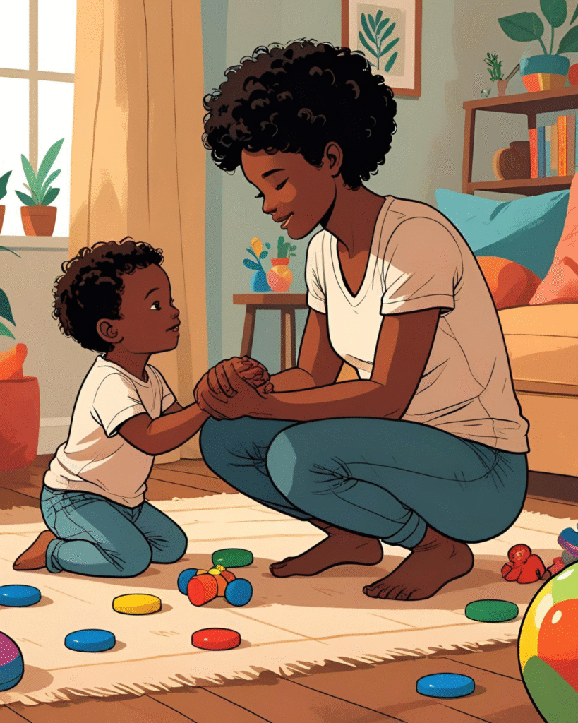 A mum squatting to her son's level in a room scattered with toys symbolising what parenting taught me about grace