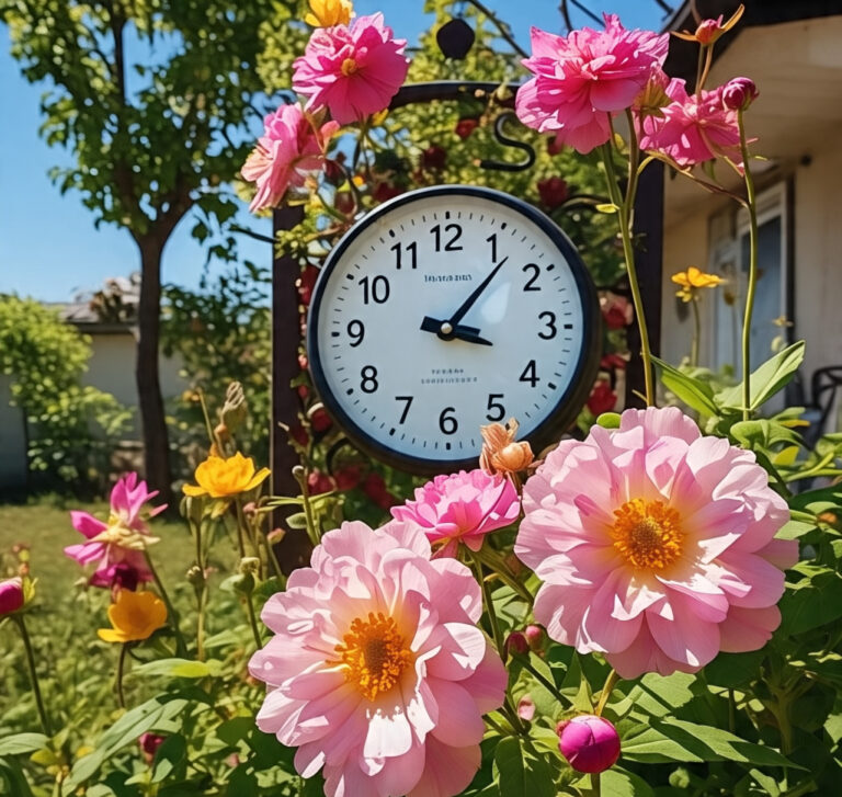 A garden clock with flowers, showing you are not behind—growth takes time.