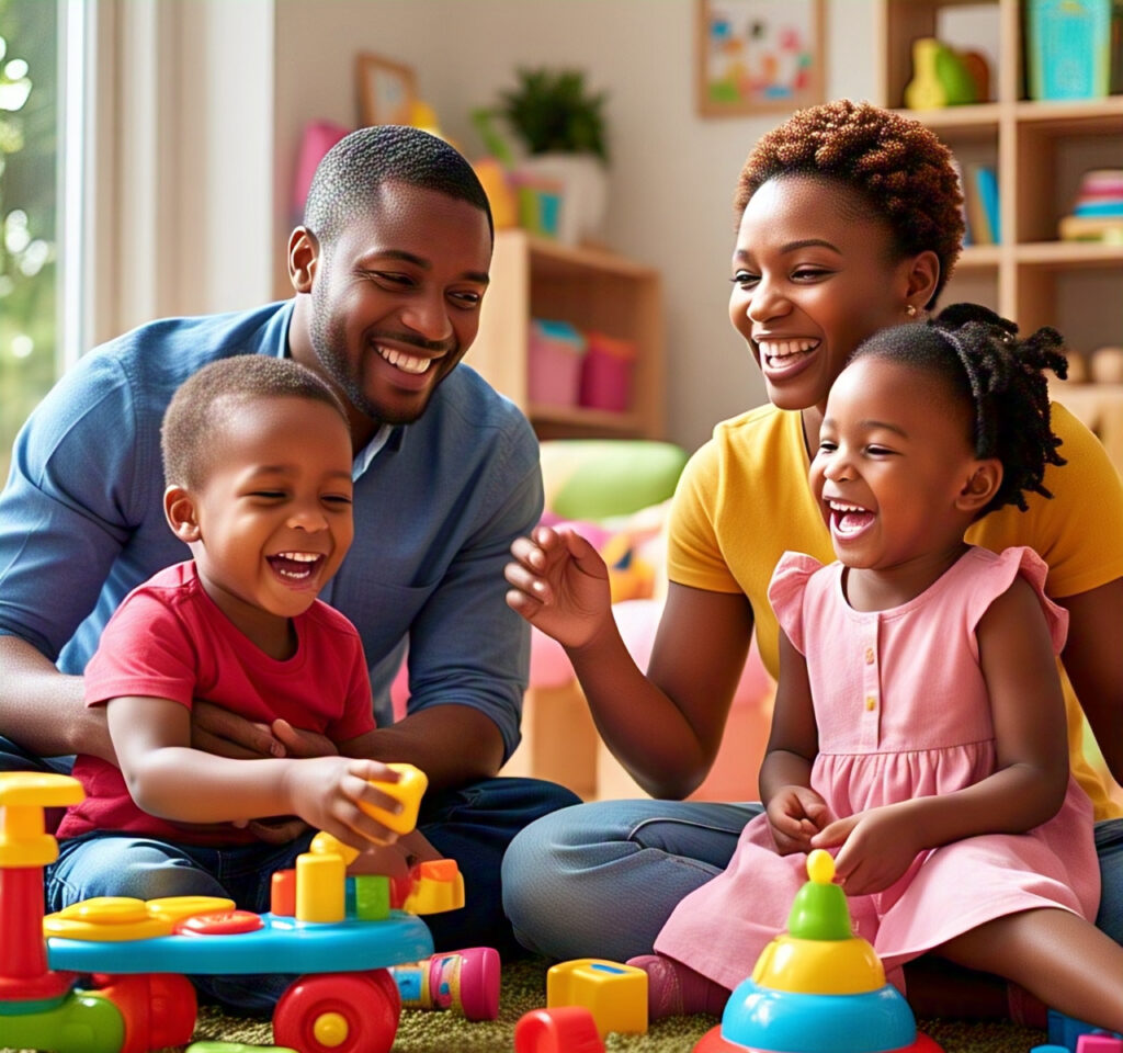 "A joyful moment of laughter and play, reflecting the healing journey of parenthood, where joy and growth flourish together."