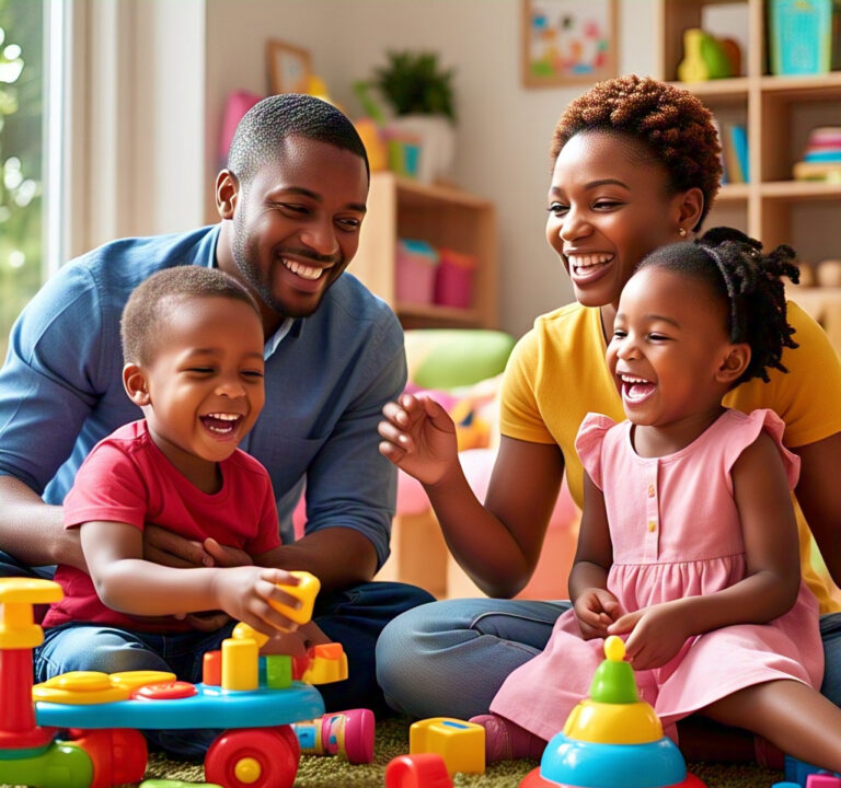 "A joyful moment of laughter and play, reflecting the healing journey of parenthood, where joy and growth flourish together."