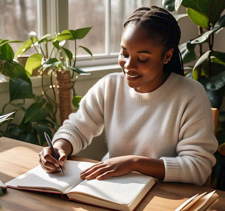 Woman journaling for emotional healing and clarity at a sunlit desk with indoor plants.