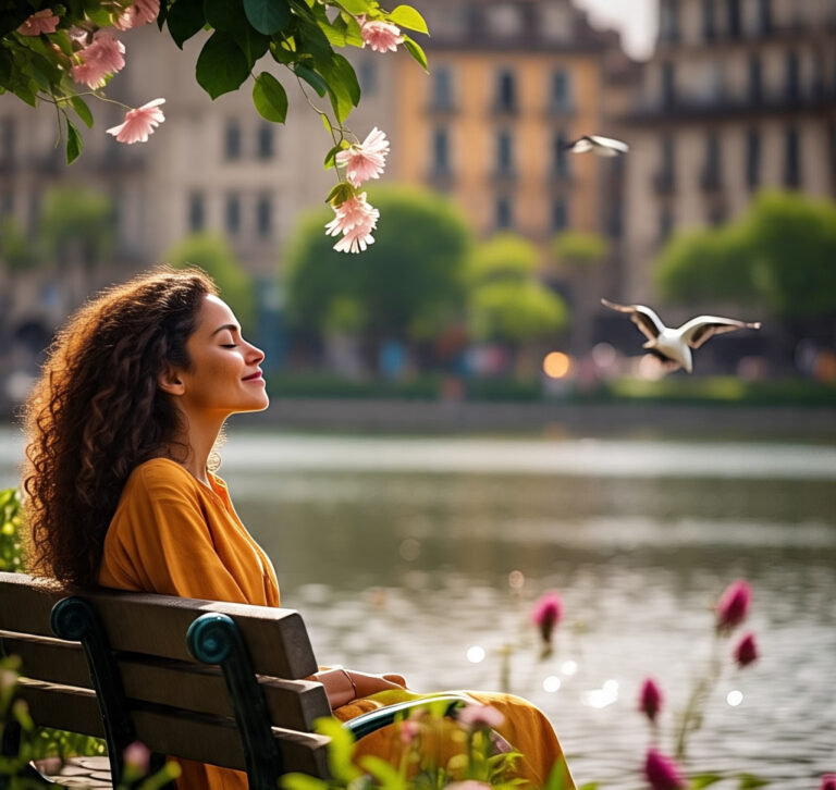 Peaceful scene of a woman in a yellow dress by the lake, eyes closed in reflection, with the words “Reset your mindset — you still have time