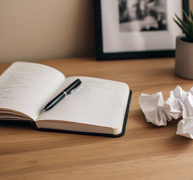 Open journal and pen on a table, symbolizing reflection and intentional living to rewrite your story and embrace personal growth