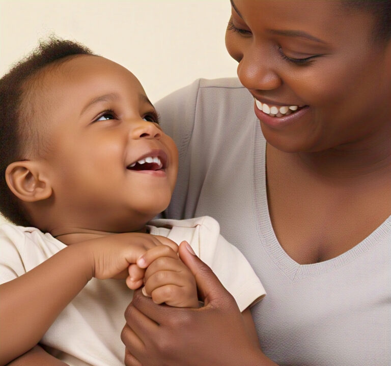 Mother and child smiling warmly, showing empathy and compassion for growth.