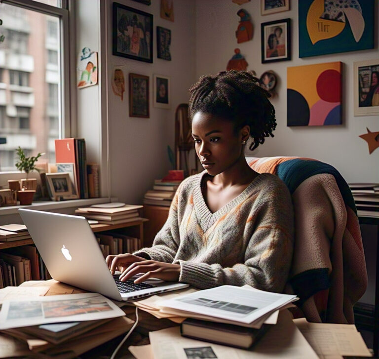 AA woman typing on her laptop, capturing the essence of 'How to Start When You're Not Ready