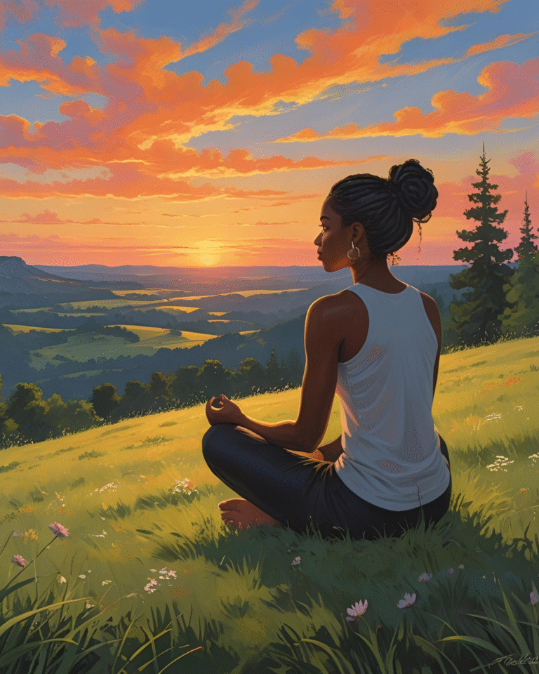 A Black woman sitting quietly in nature, embracing stillness to quiet the noise and reclaim her peace.
