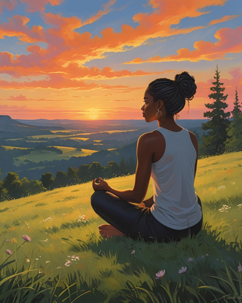 A Black woman sitting quietly in nature, embracing stillness to quiet the noise and reclaim her peace.