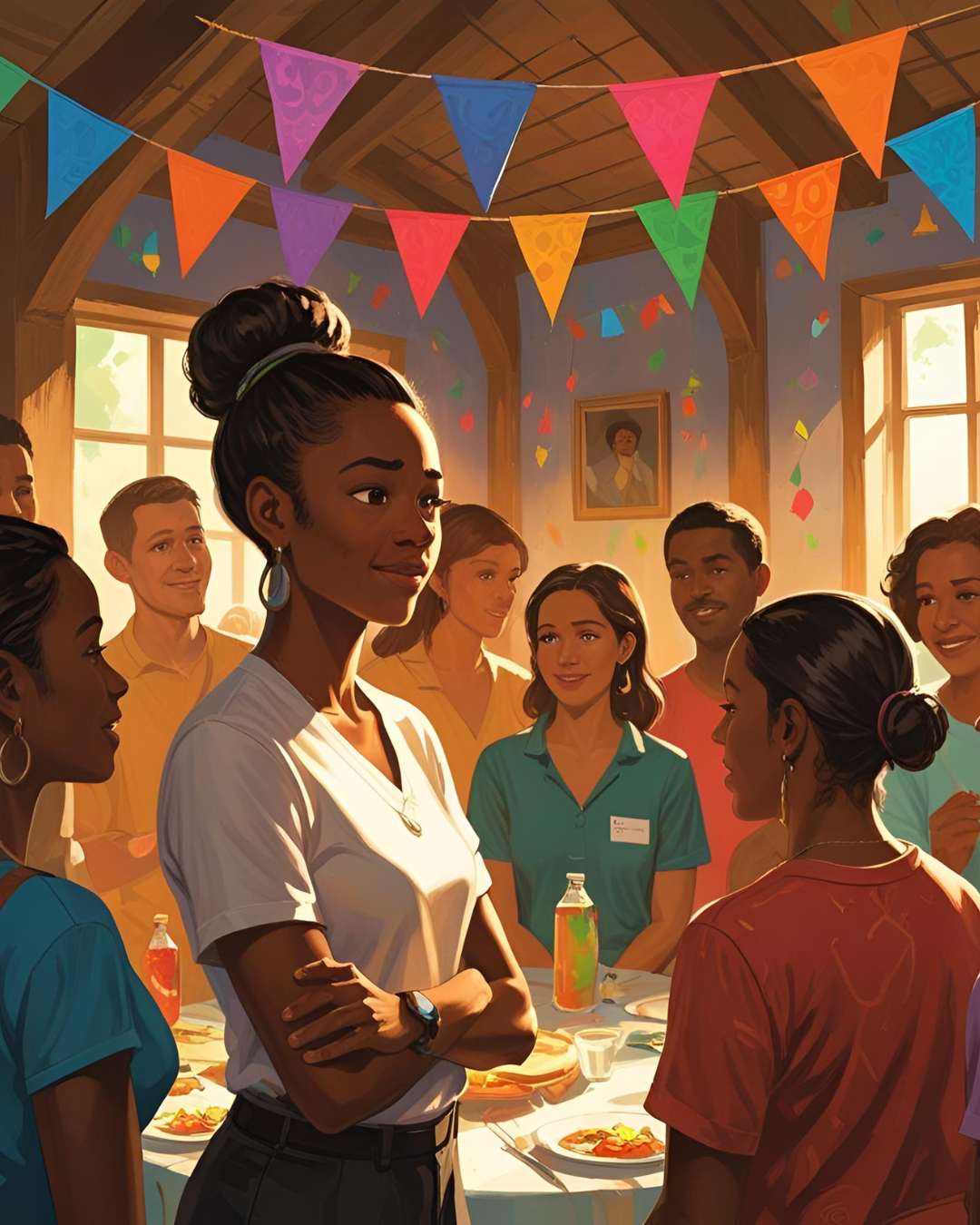 A young woman with arms crossed in a room with a group of people showing confidence is a skill you can build
