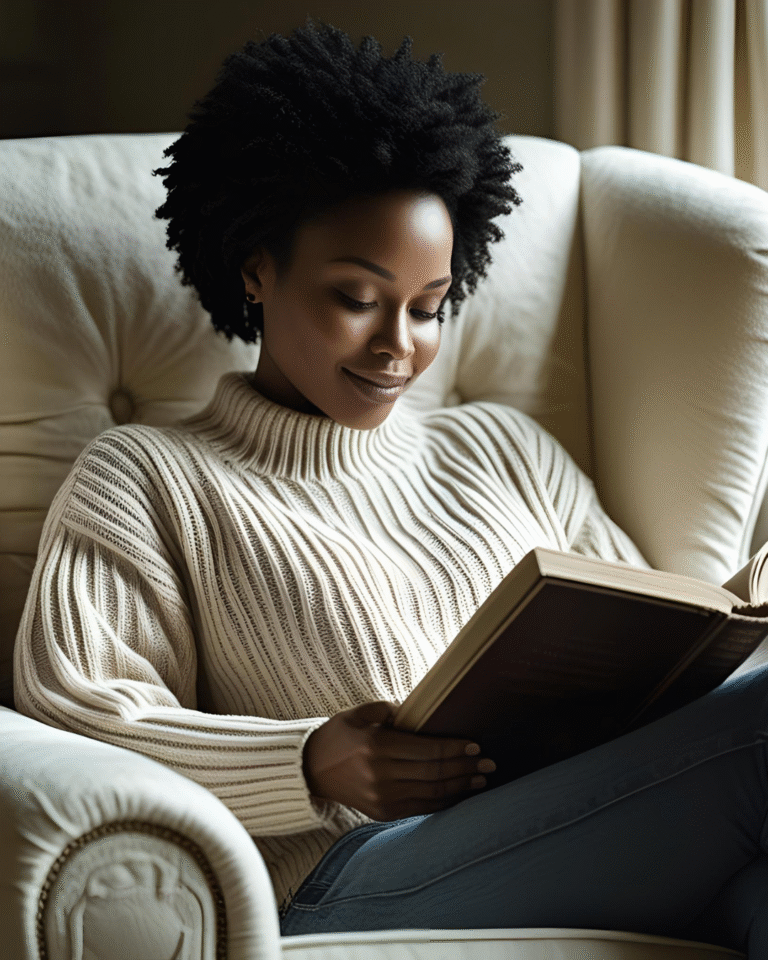 A black woman relaxing on a chair reading a book sigifying resting isn't quitting.