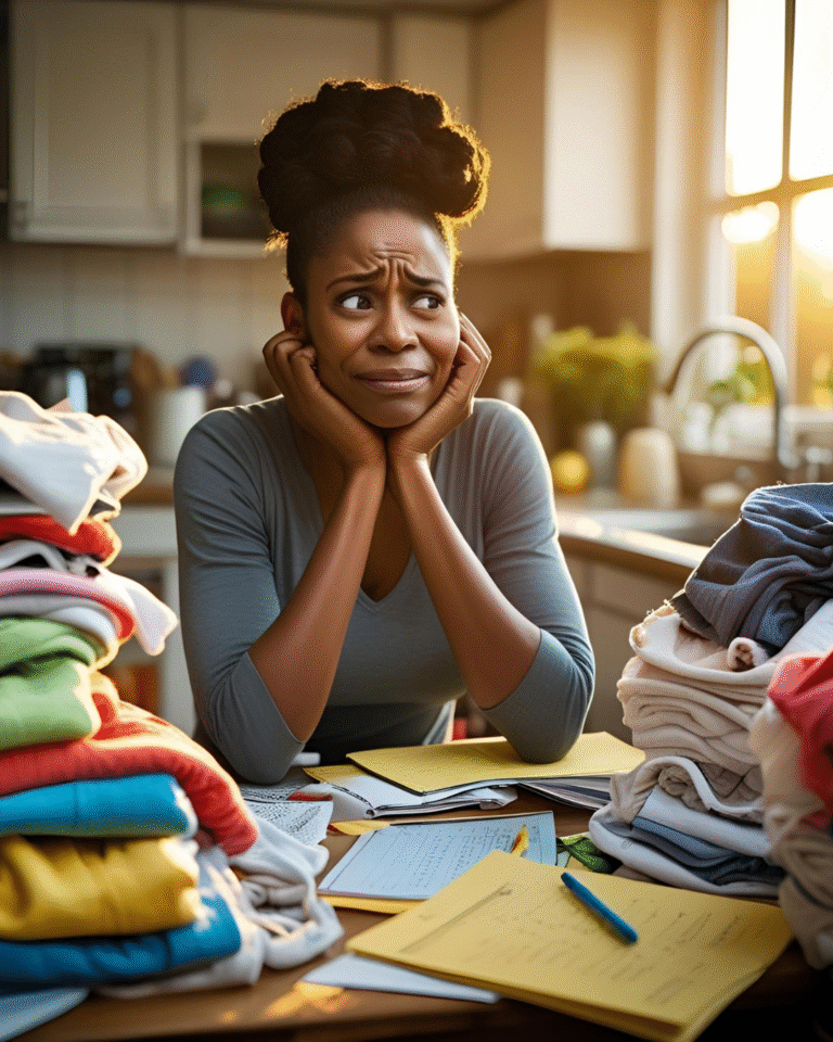 An image of a black woman with folded laundry, with to do task showing the effect emotional burnout of being the strong one