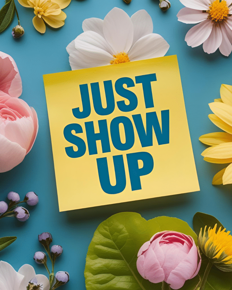 JUST SHOW UP” on a yellow sticky note, surrounded by colourful flowers on a blue background.