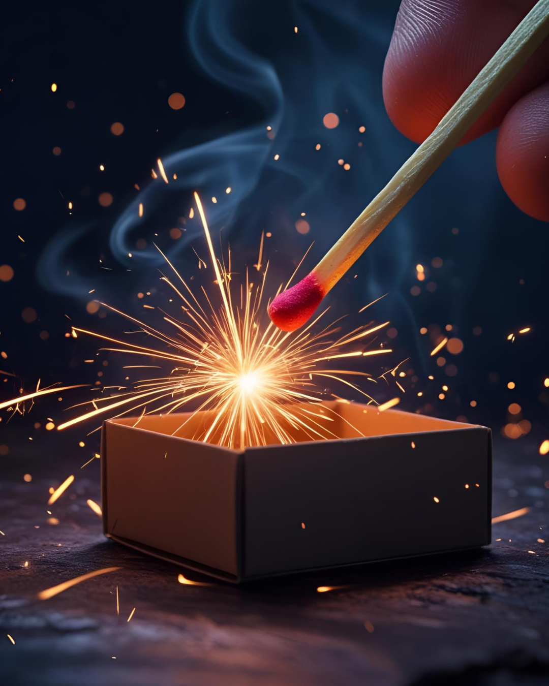 A striking match bursts with sparks symbolizing the moment we reignite our passion and break free from survival mode to live with purpose.