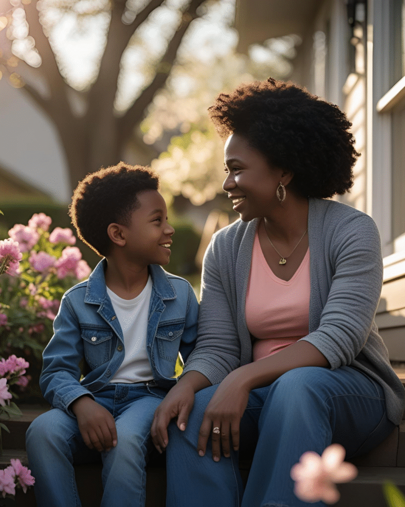 Mother and young son having a meaningful conversation outside their home — an illustration of how to be a present parent in a world full of distractions