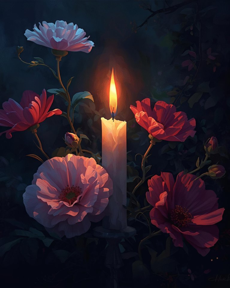 A lit candle surrounded by blooming flowers in the dark, symbolizing grief and remembrance — Grieving the Loss of a Loved One: How to Cope and Heal.