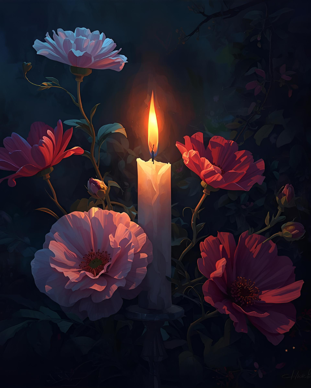 A lit candle surrounded by blooming flowers in the dark, symbolizing grief and remembrance — Grieving the Loss of a Loved One: How to Cope and Heal.