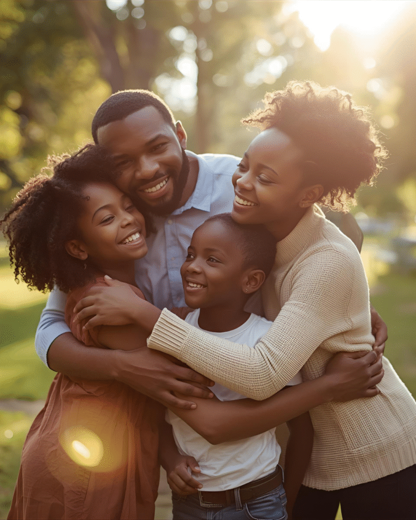 A happy family embracing outdoors at sunset, symbolizing that life is fragile and we should cherish every moment with loved ones.