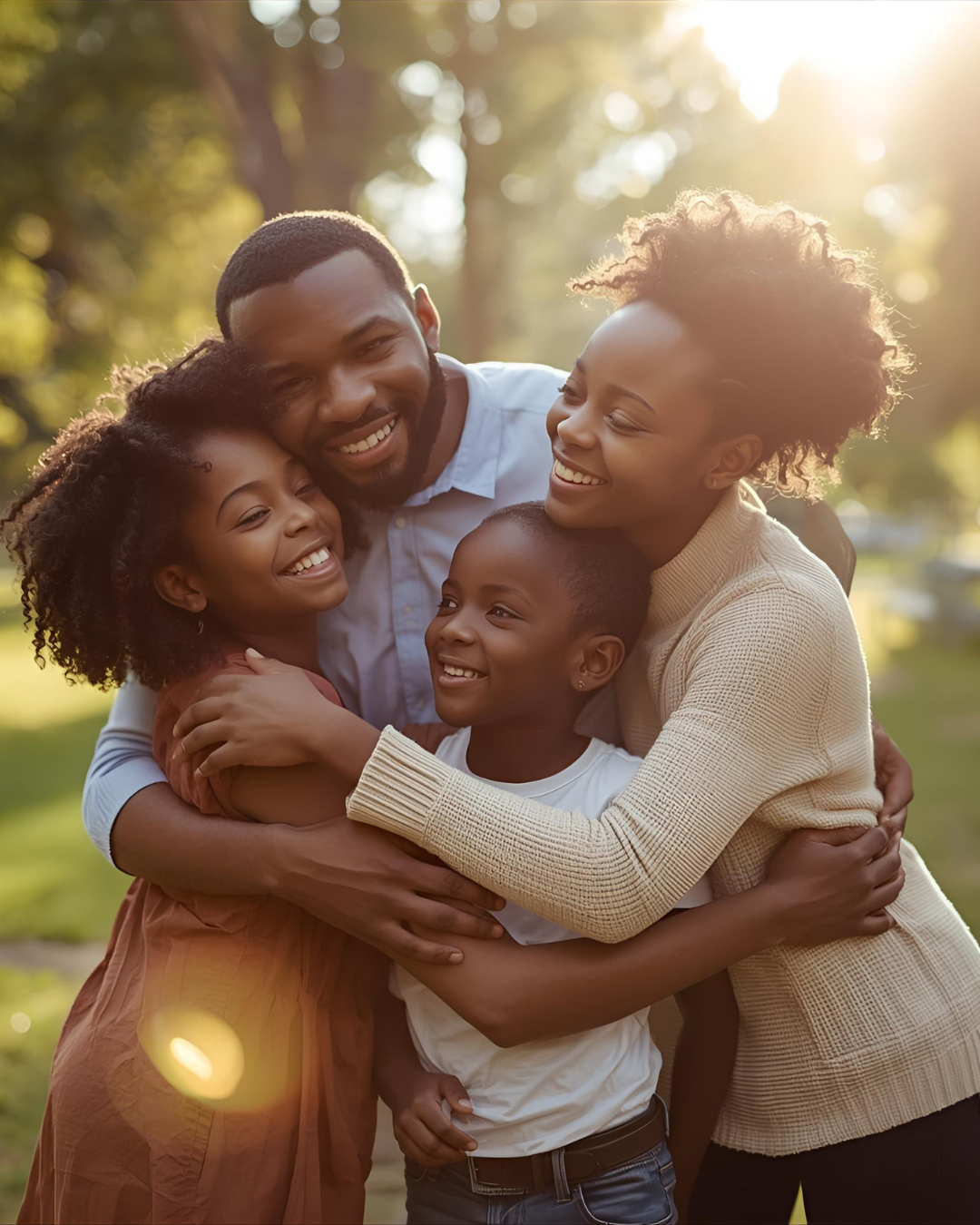 A happy family embracing outdoors at sunset, symbolizing that life is fragile and we should cherish every moment with loved ones.