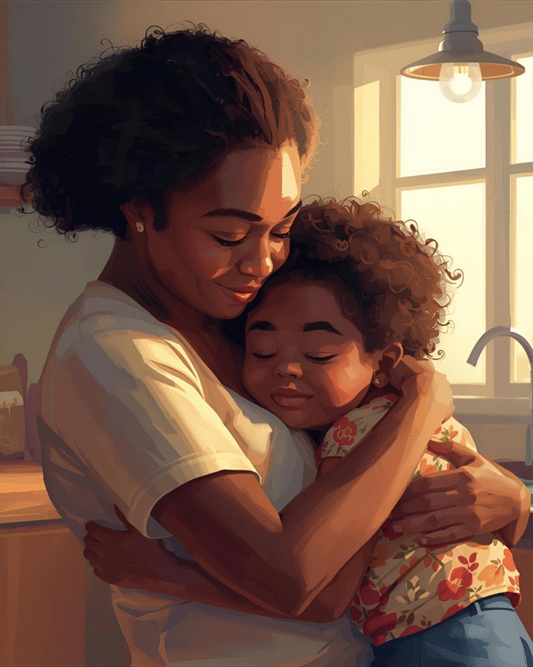 Self-love through parenthood captured in a parent’s warm hug with their child