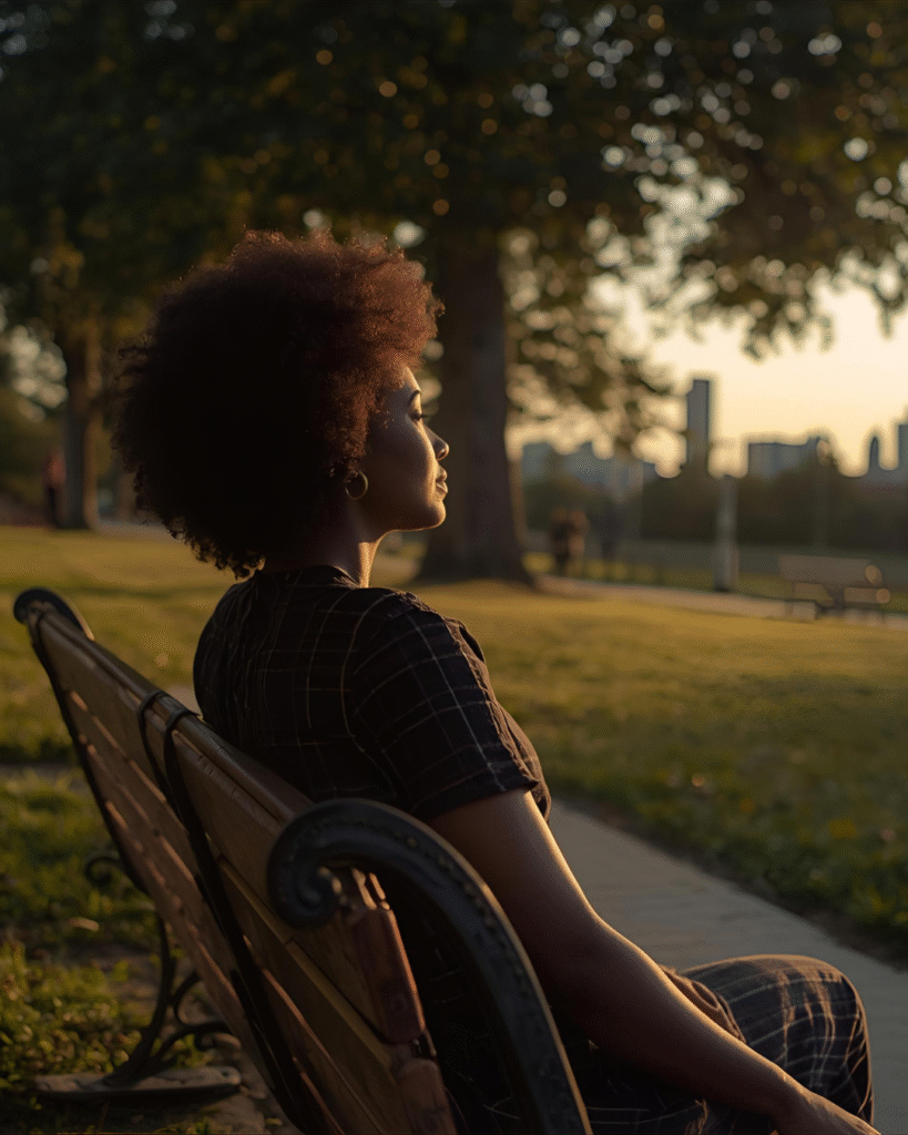 A woman sits on a park bench at sunset, reflecting on grief and the ache of when goodbye feels too soon.