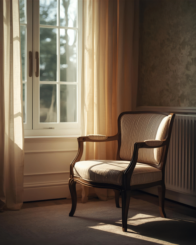 Sunlit empty chair by a window, symbolizing coping with grief and loss and finding comfort in memories.