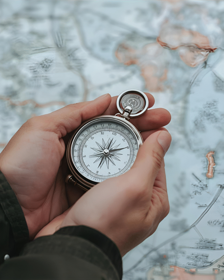 Person holding a compass over a map, symbolizing navigation, direction, and the motivation to take back control of life and goals.