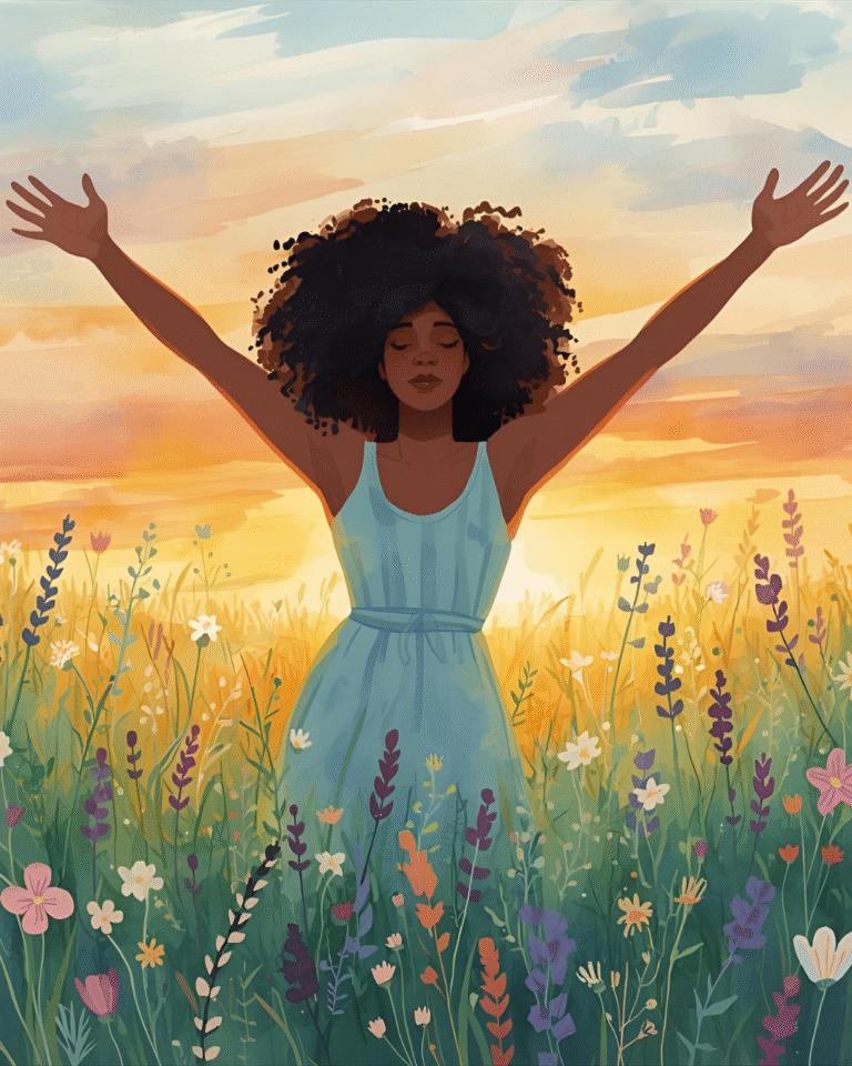 Woman in a wildflower field at sunrise, letting go of guilt and embracing joy.
