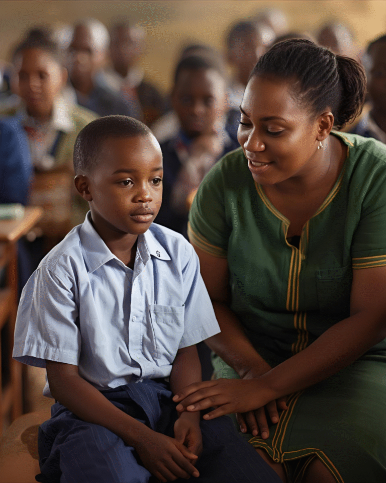 A compassionate teacher comforting a student who struggles to learn, symbolizing empathy in education.