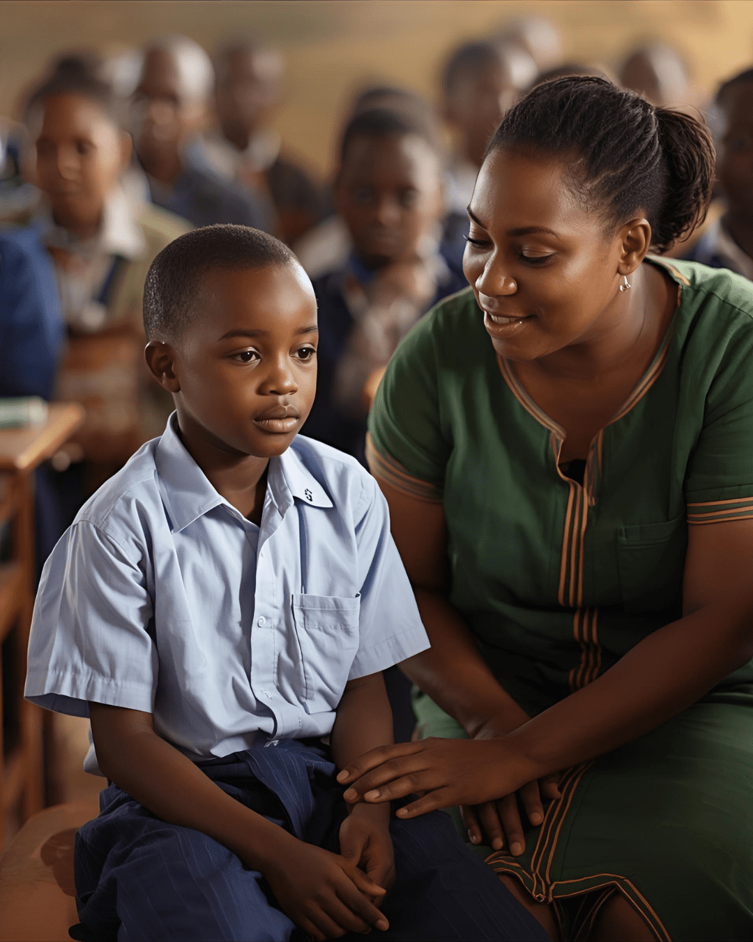 A compassionate teacher comforting a student who struggles to learn, symbolizing empathy in education.