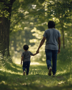 Father holding his child on a nature walk, reflecting parenting while healing.
