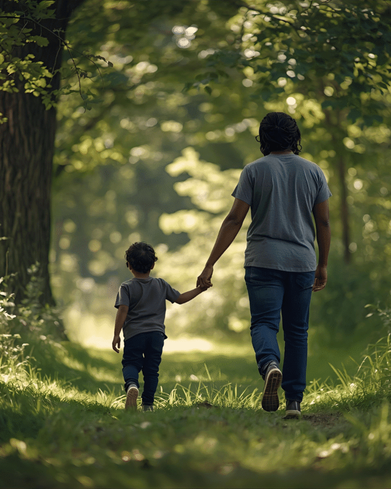 Father holding his child on a nature walk, reflecting parenting while healing.