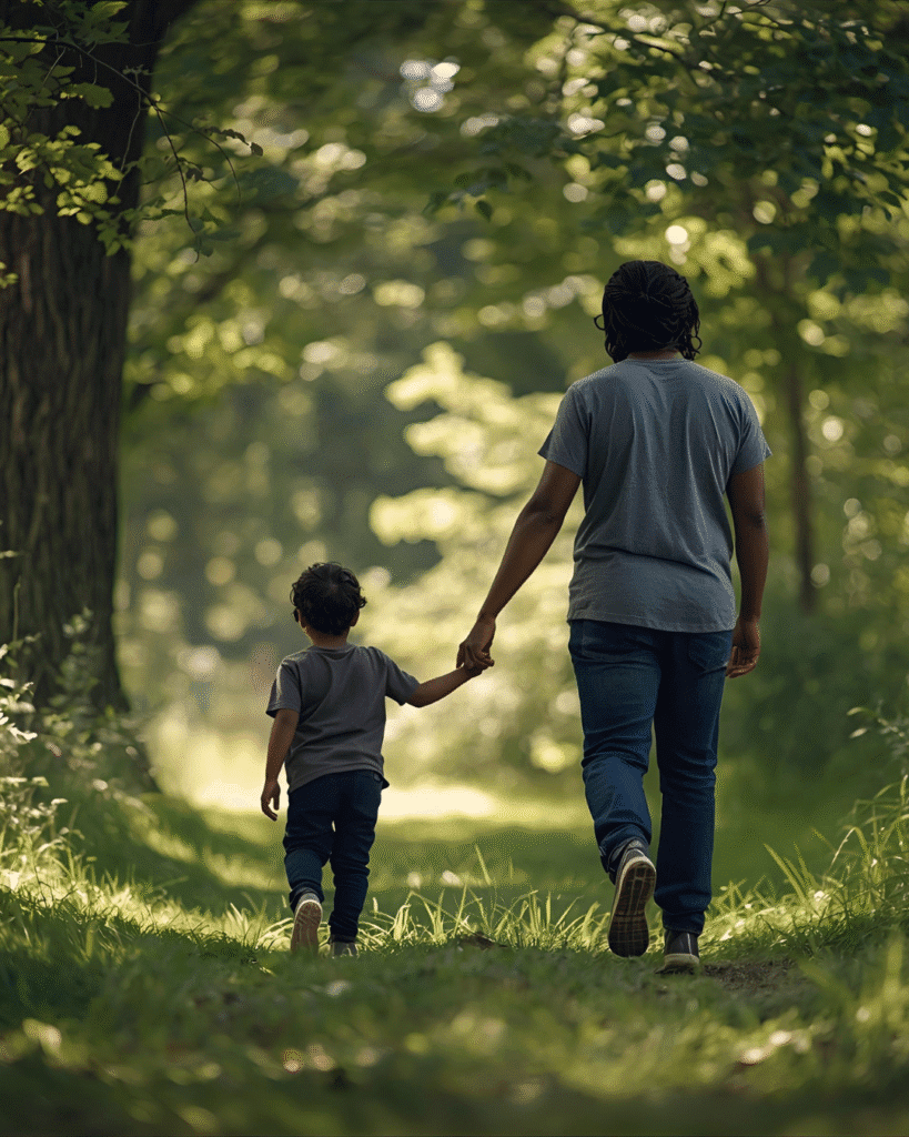 Father holding his child on a nature walk, reflecting parenting while healing.