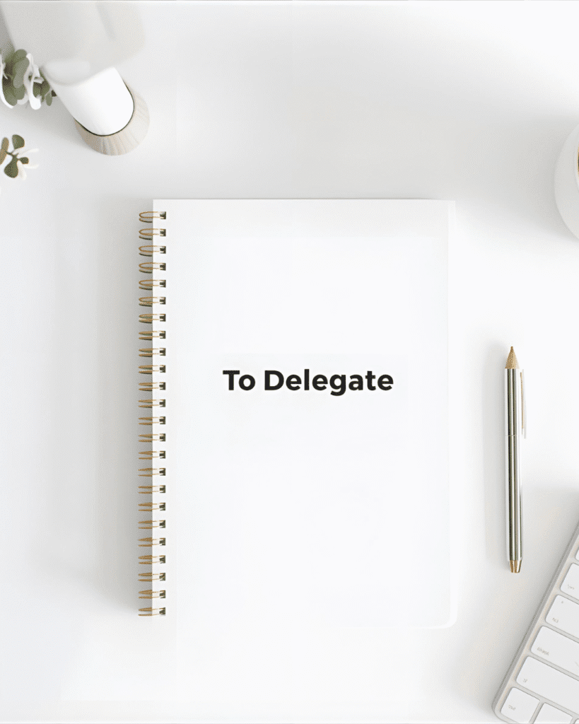 "Minimalist white desk with a 'To Delegate' notebook, pen, keyboard, and plant, symbolizing the power to delegate.