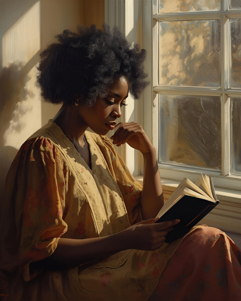 A Black woman reading by a sunlit window — peaceful, thoughtful, and timeless, showing the benefits of reading.