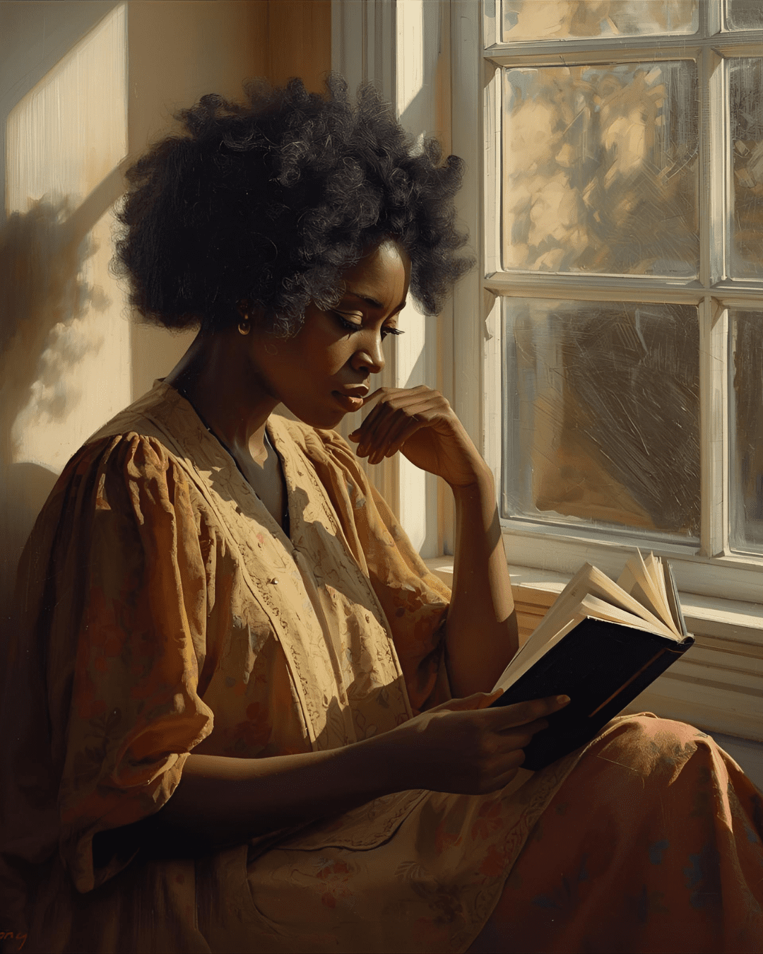 A Black woman reading by a sunlit window — peaceful, thoughtful, and timeless, showing the benefits of reading.