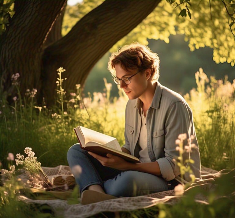 A man reading in nature