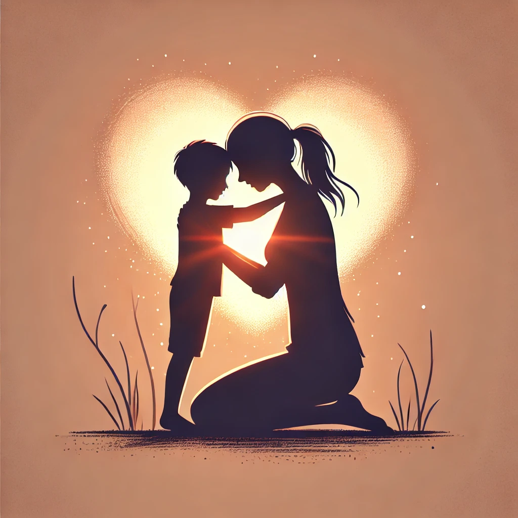 dall·e 2025 02 20 20.47.51 a touching silhouette illustration of a mother kneeling down embracing her child. the childs arms are wrapped around the mothers shoulders forming