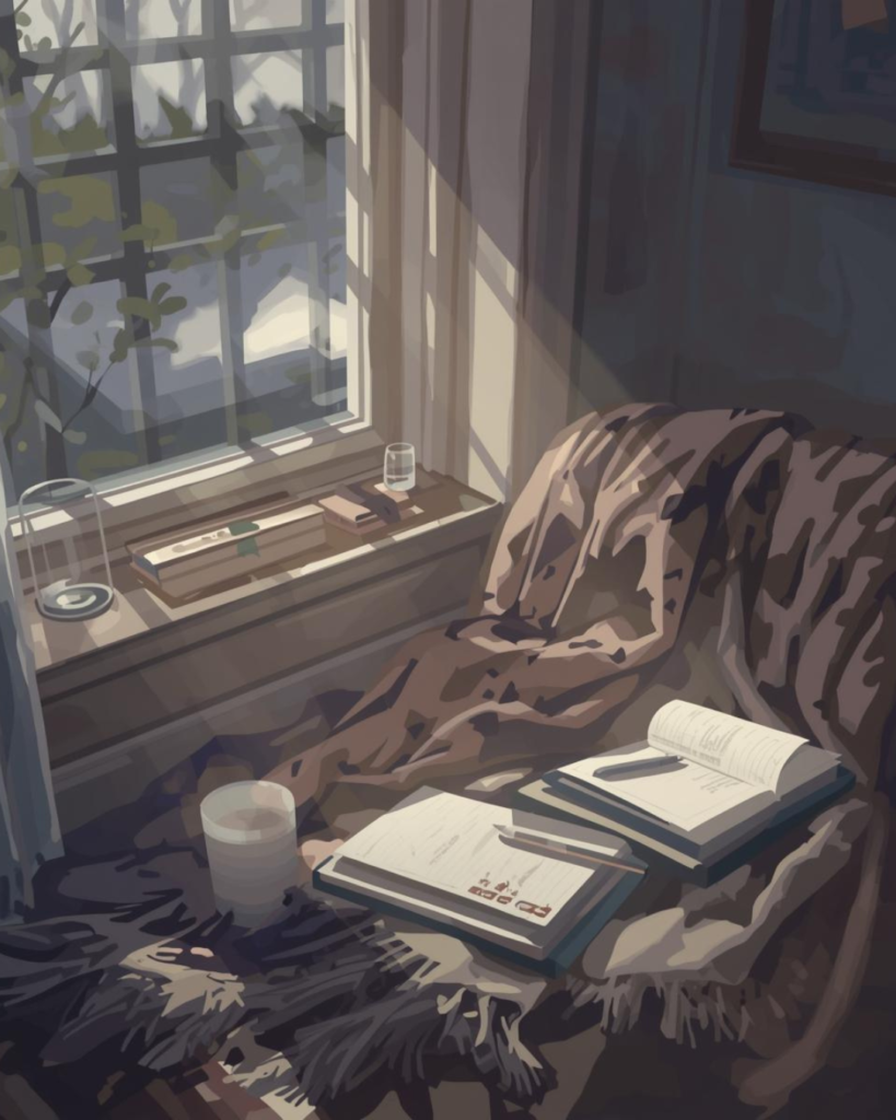Cozy corner with blanket, candle, and notebook for holidays as moments of reset and renewal.